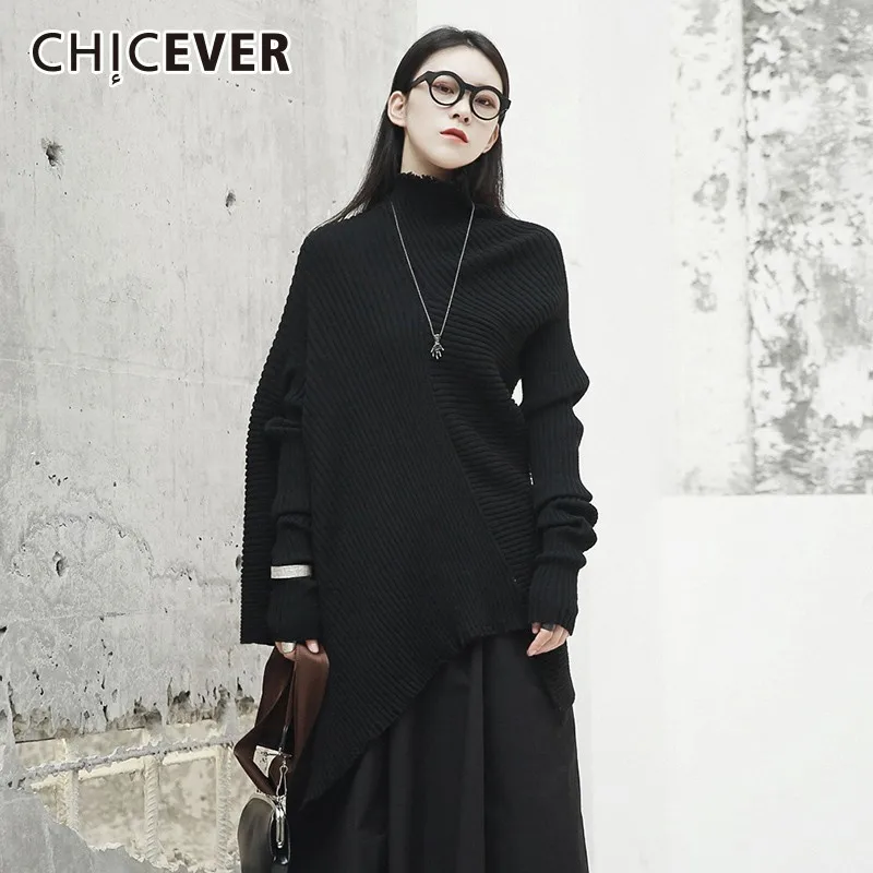 CHICEVER осенне-зимний свитер для женщин Водолазка с длинным рукавом неровный подол черные свитера мода прилива