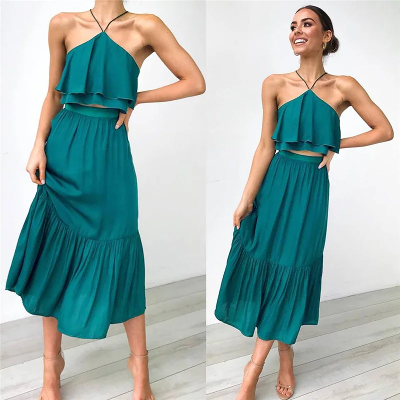 Vintage Women Two Piece Set Crop Top and Skirt Set Halter Off Shoulder ...