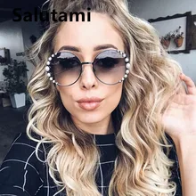 Круглые женские солнцезащитные очки с белым жемчугом, роскошные брендовые Винтажные Солнцезащитные очки с оправой из сплава, Женские винтажные солнцезащитные очки с защитой от уф400 лучей