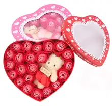 18 шт. Роза в форме сердца цветы ароматизированное мыло с маленьким медведем кукла для ванны тела лепесток декоративные лепестки роз подарок для семьи друг свадьба