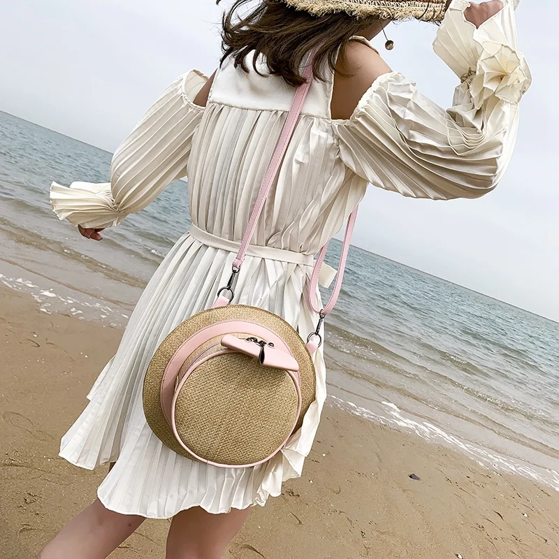 

Fashion Round Straw Bags Women Holiday Bohemian Rattan Crossbody Bags Handmade Woven Beach Circular Bags Like Cap