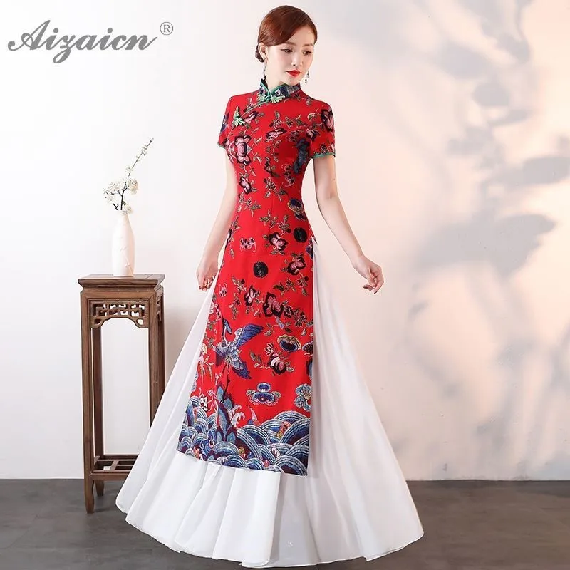 

New Moderm Red Silk Qipao Women Chinese Traditional Dress Long Qi Pao Chinoise Daily Dresses Robe Summer Oriental Slim Fit Gown