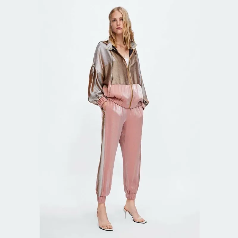 

Spring 2019 Casaul Jogging Hooded Tracksuit Women 2 Piece Set Top And Pants Satin Patchwork Zipper Sexy Sweatshirt Sweat Suit