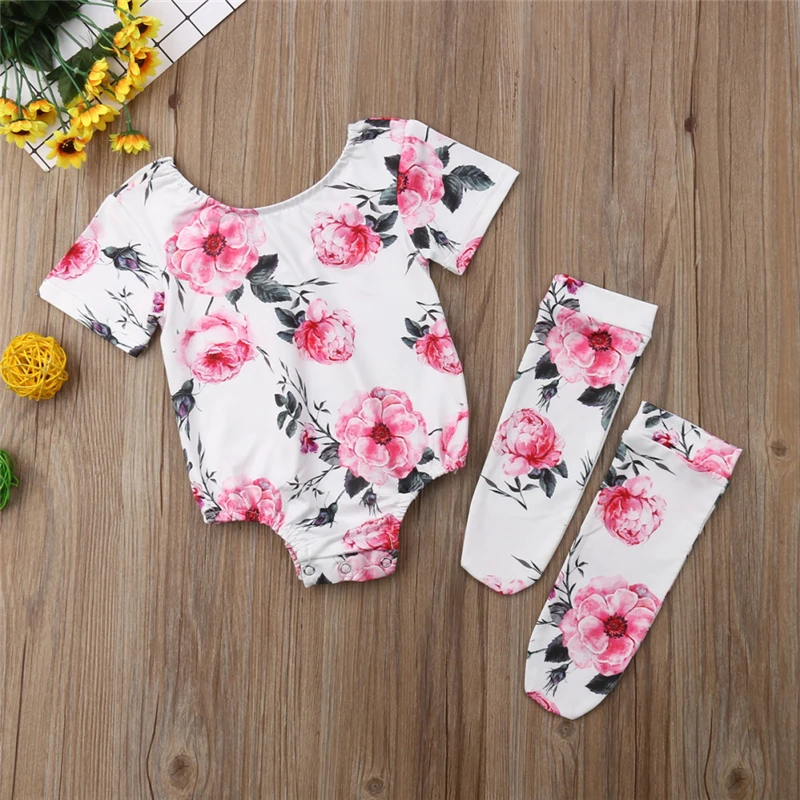 

Newborn Baby Infant Girl Floral Jumpsuit Bodysuit Outfits Clothes Hot New Newborn Baby Girl Flower Bodysuit +Stockings Set