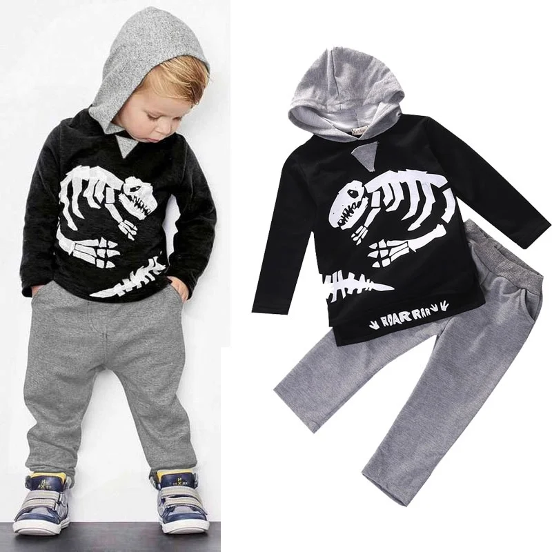 

2 pieces Long Sleeve Dinosaur Print Hoodie Top and Pant Set For Toddler Boy Autumn Clothes