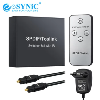 

eSYNiC 3X1 SPDIF Toslink Switcher 3x1 with IR Remote Control Toslink Switcher SPDIF/TosLink Audio Switch Switcher For Amplifier