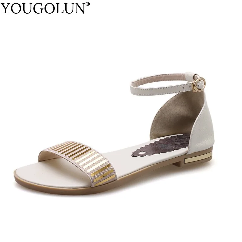 

Women Flat Sandals Genuine Cow Leather Sandal Woman Open Toe Ankle Strap Metal Decoration Buckle Strap Comfortable Shoes C095