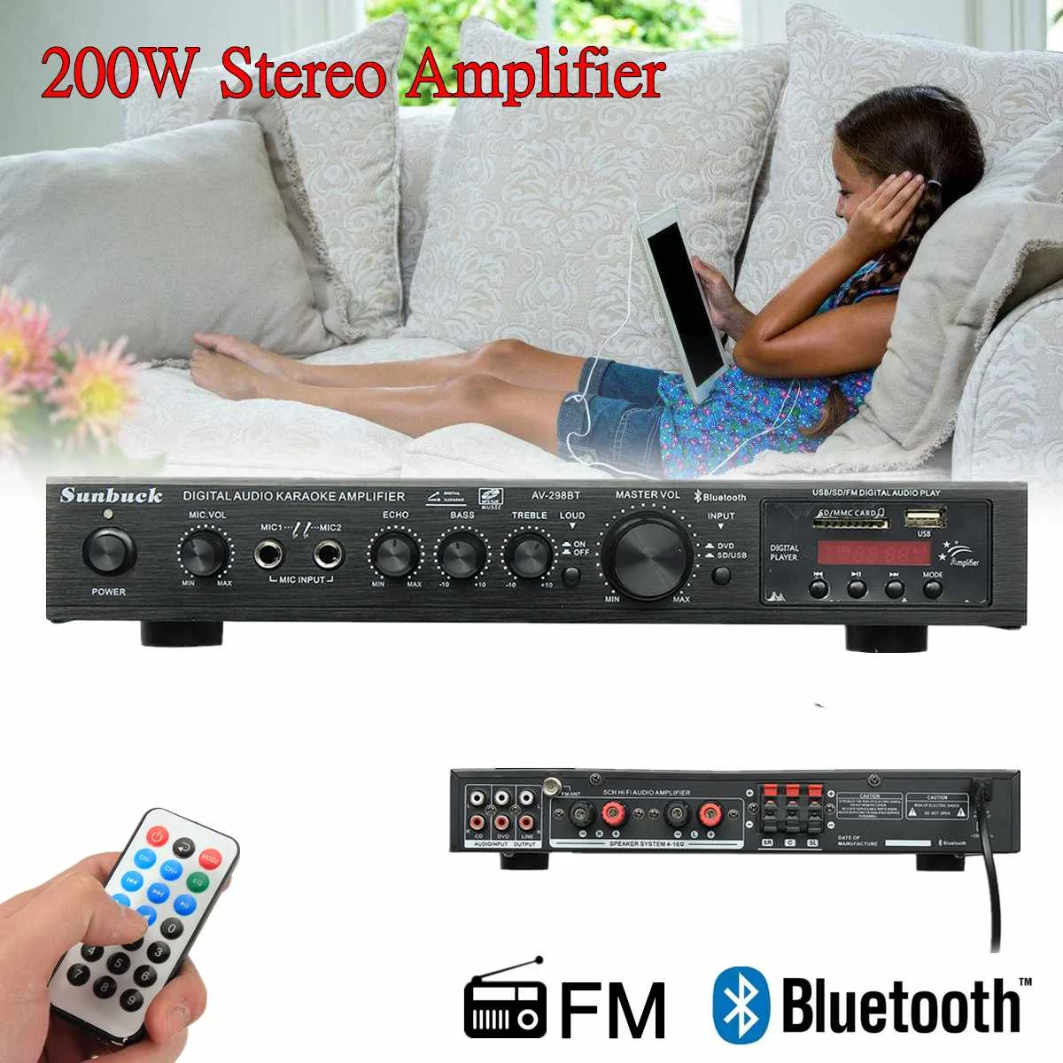 

bluetooth 298BT Power Amplifier LCD Display Stage Audio HiFi 800W 220V-240V 50Hz 5CH Home Theatre FM Radio Support SD/USB