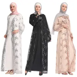Мусульманские сетки блёстки Абая вышивка кружево Длинные платья кардиган-кимоно длинные халаты Vestidos Ближний Восток Рамадан турецкий