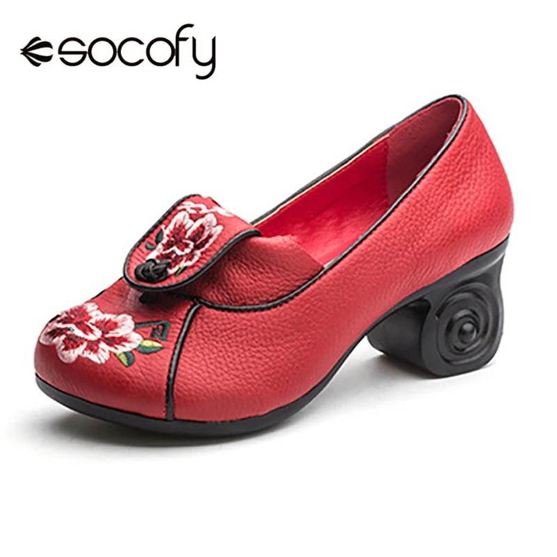 

Socofy Embroidery Flower Genuine Leather Pumps Women Shoes Woman Vintage Ethnic Dance Shoes Chunky Block Heels Slip On Pumps New