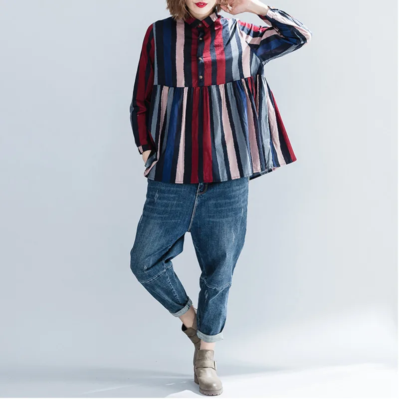 BUYKUD Women Spring Autumn Striped Shirt Casual Long Sleeves Spliced Cotton Turn-down Collar Plus Sized High Waist |