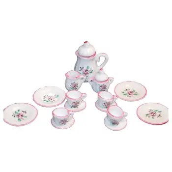 

Dollhouse Miniature Tea Set Pink Green 17 pc Teapot Plates 1: 12 inch scale