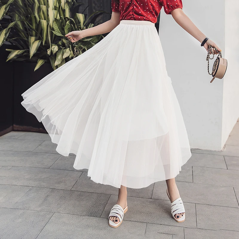 VGH Summer Solid Casual Skirt For Women Mesh Perspective High Waist Midi Pleated Skirts Female Fashion New Tide 2019 VGH Summer Solid Casual Skirt For Women Mesh Perspective High Waist Midi Pleated Skirts Female Fashion New Tide 2019