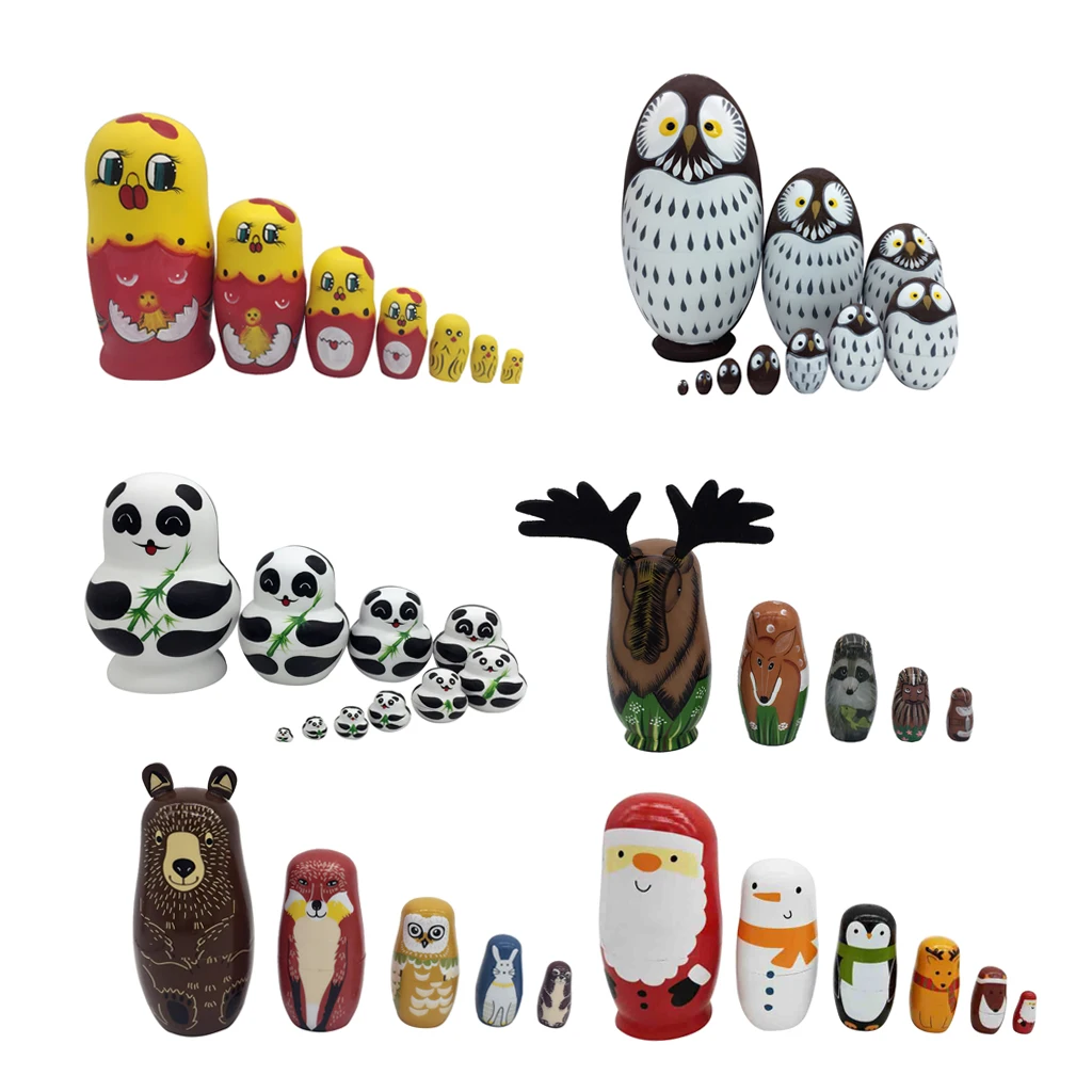 Wooden Russian Nesting Matryoshka Babushka Stacking Dolls Set Animal