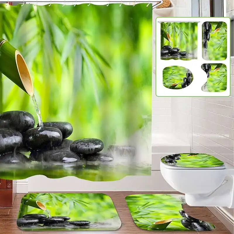 

Shower Curtain Toilet Cover Mat Non-Slip Rug Set 70.8x70.8 Inches Flowing Water Bamboo Polyester Fiber Waterproof Bathroom Set