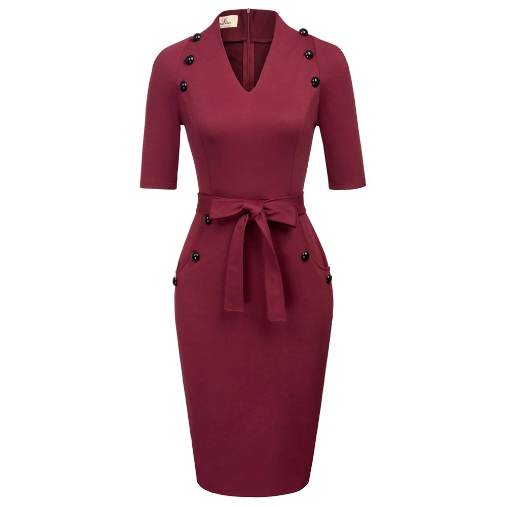 

Gk Women's Dresses 1/2 Sleeve V-neck Buttons Decorated Bodycon Women Pencil Dress Summer 2019 New Business Work Office Dress