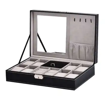 

2 In 1 8 Watch Box Grid + 3 Hybrid Mesh Case Storage Box Luxury Jewelry Ring Display Watch Box Black
