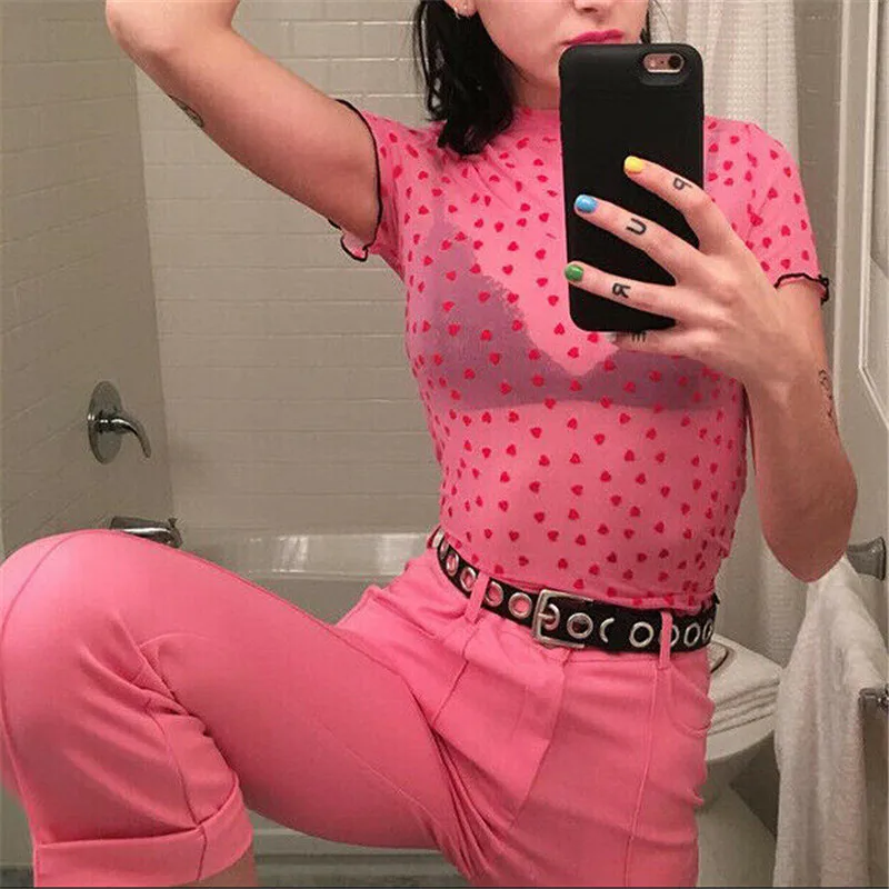 

2019 Women Sexy Harajuku Red Heart Mesh Tops Net See Through Transparent Undershirt Basic Top Camisas Femininas T Shirt Clubwear