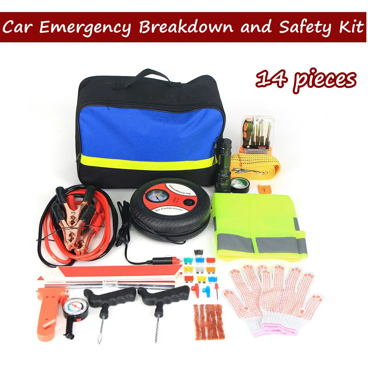

14pcs Vehicle emergency rescue bag Automobile Truck tire pressure gauge Tool kit Maintenance tools First aid kit Safety hammer
