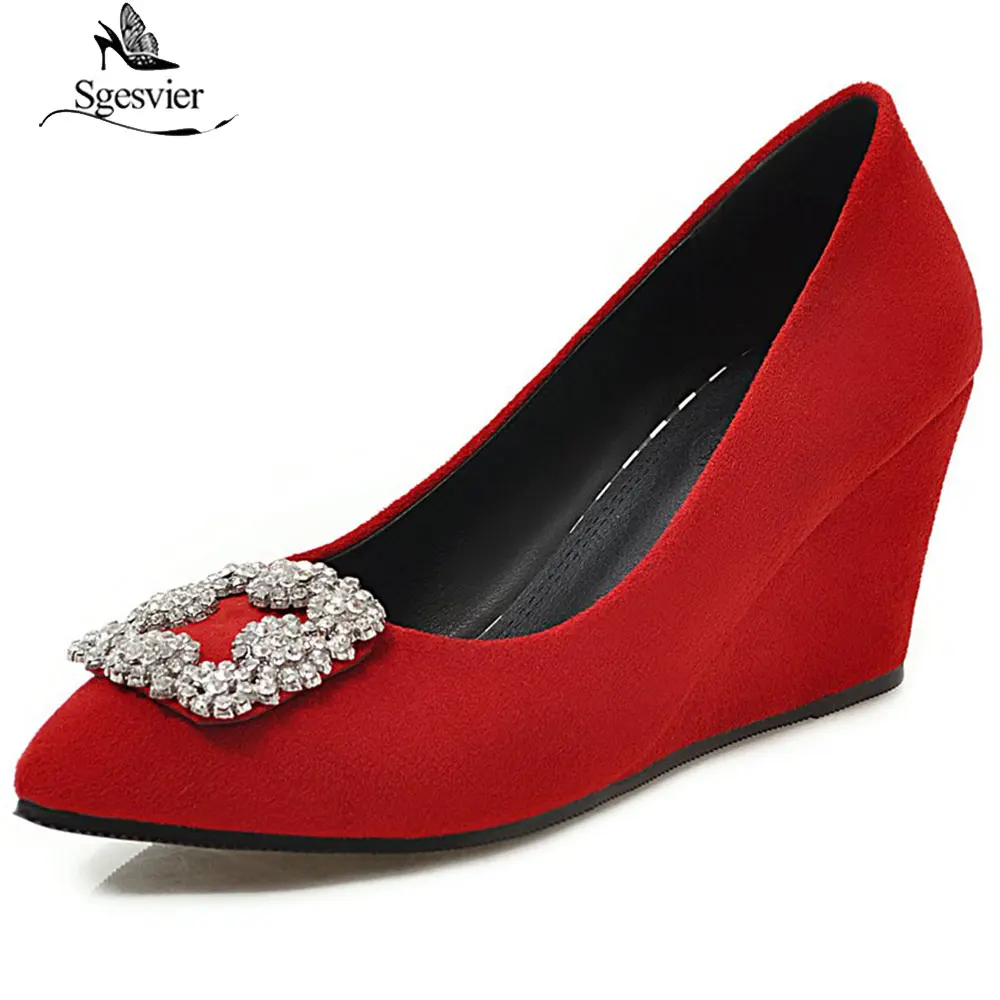 

SGESVIER Fashion Lady Women Wedge High Heels Wedding Shoes Party Crystal Red Black Wedges Pumps Shoes Woman Plus Size G287