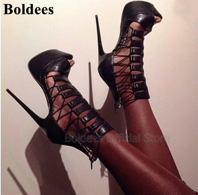 

Sexy Lace Up Cage Designer 16cm Heeled High Heel Sandal Shoes Women Thick Platform Gladiator Sandal Boot Sandals