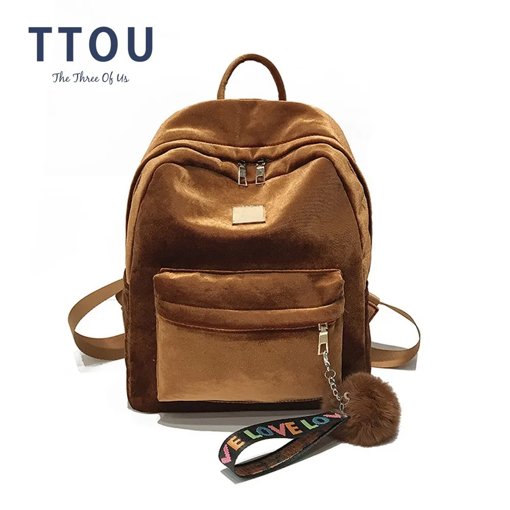 

TTOU Women Winter Velvet Ribbon Backpack Lady Fashion Travel Bag Hairball Large School Backpack for Girl Casual Bagpack Mochila