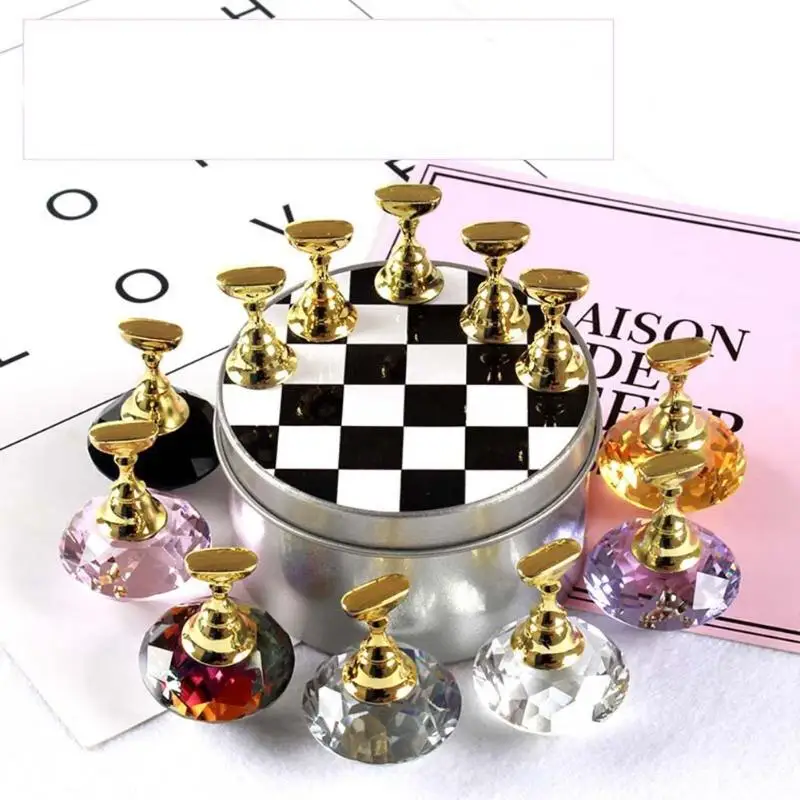 1 Set Nail Art Tips Practice Stand Crystal Rhinestone Fake Nail Tips Holder Chess Board Design 1
