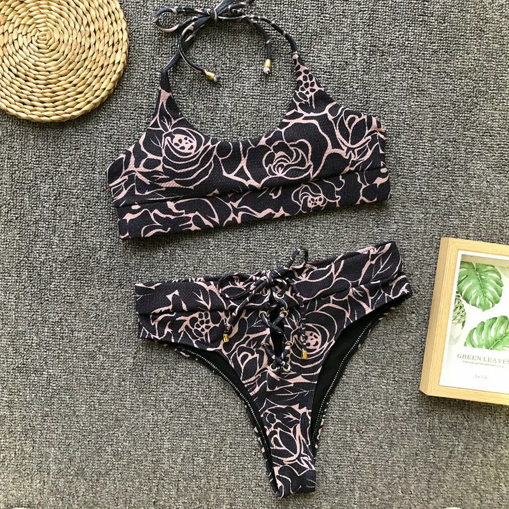 

2019 Summer Women Push-up Padded Bra Bandage Bikini Set Floral Printed Swimsuit High Waist Triangle Swimwear Bathing Suits