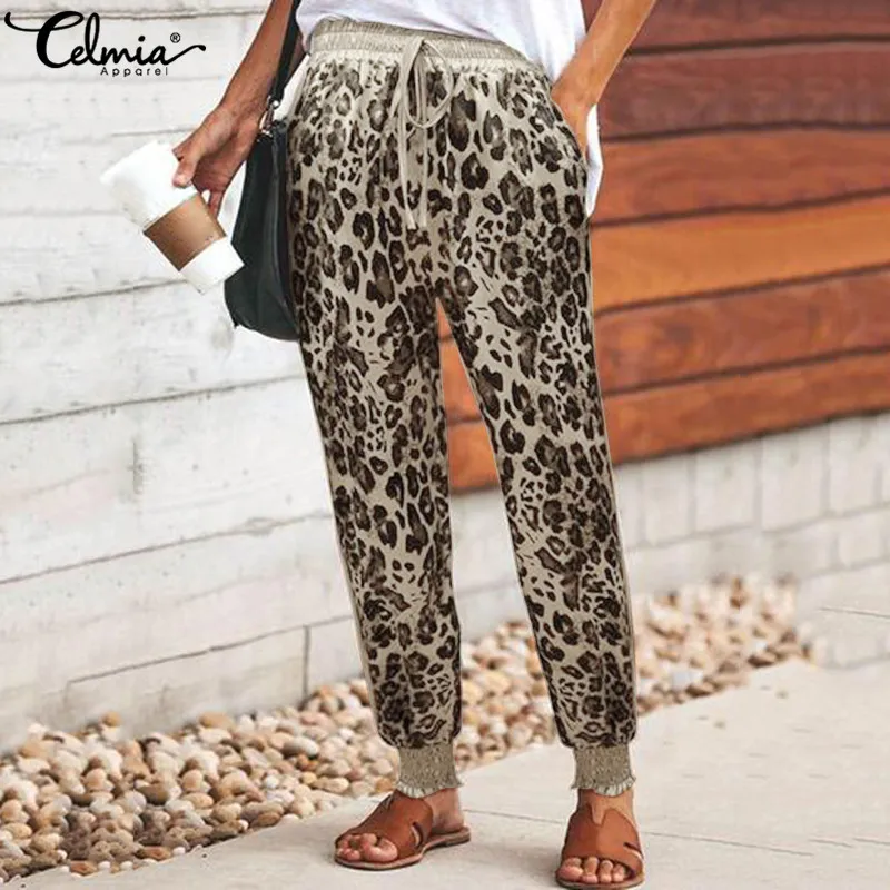 

2019 Celmia Plus Size Women Vintage Leopard Pants Fashion Trousers Casual Loose High Waist Harem Pants Pockets Long Pantalone