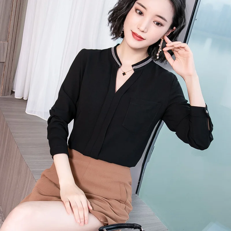 2019 New Fashion Women Shirts Full Sleeve Chiffon V-Neck Professional Blouse Shirt White Black 1615