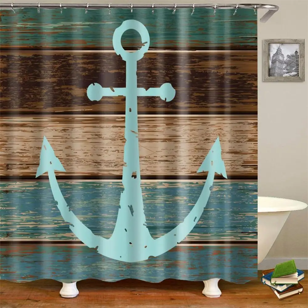 

Nautical Anchor Rustic Wood Shower Curtain Water Soap and Mildew Resistant Machine Washable Shower Curtain
