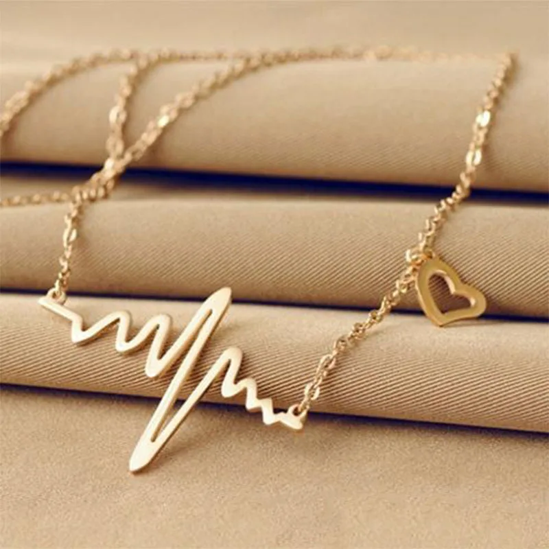 

2Pcs Ecg Necklace Love Shaped Titanium Steel Heartbeat Lockbone Chain Heart Pendant Necklace Female Retro Necklace Jewelry
