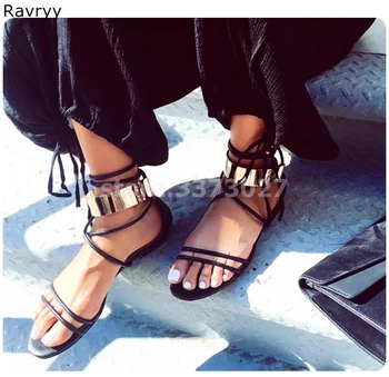 

Ankle lace up women's sandals golden metal decor ankle strap flats cover heel female beach shoes summer fashion casual shoe