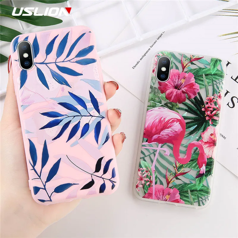 Чехол USLION с листьями и цветами для iPhone X XS XR Xs Max Фламинго рисунком мягкие чехлы из