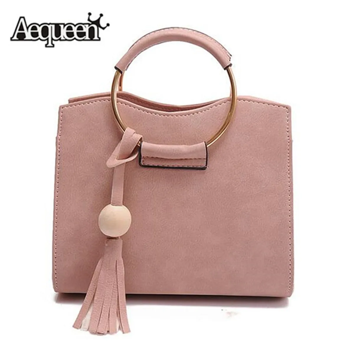 

AEQUEEN Female PU Leather Crossbody Shoulder Bag Brand Luxury Women Handbags Pink Tassels Ring Messenger Bags Ladies Tote Purses