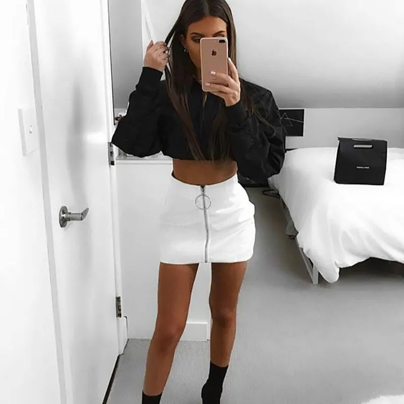 

Lady Sexy Zipper Wrap Pencil Skirt Short Solid Color 2019 Spring Summer Women's Bandage Jupe Pu Leather Skirts Mini Plus Size