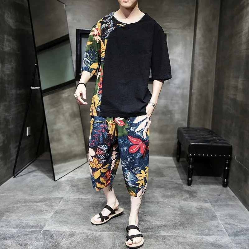 

Fashion Tracksuit Mens Personality Print Track Suit Two Pieces Causal Chinese Style Hip Hop Set Men Short Sleeve T-shirt + Pant