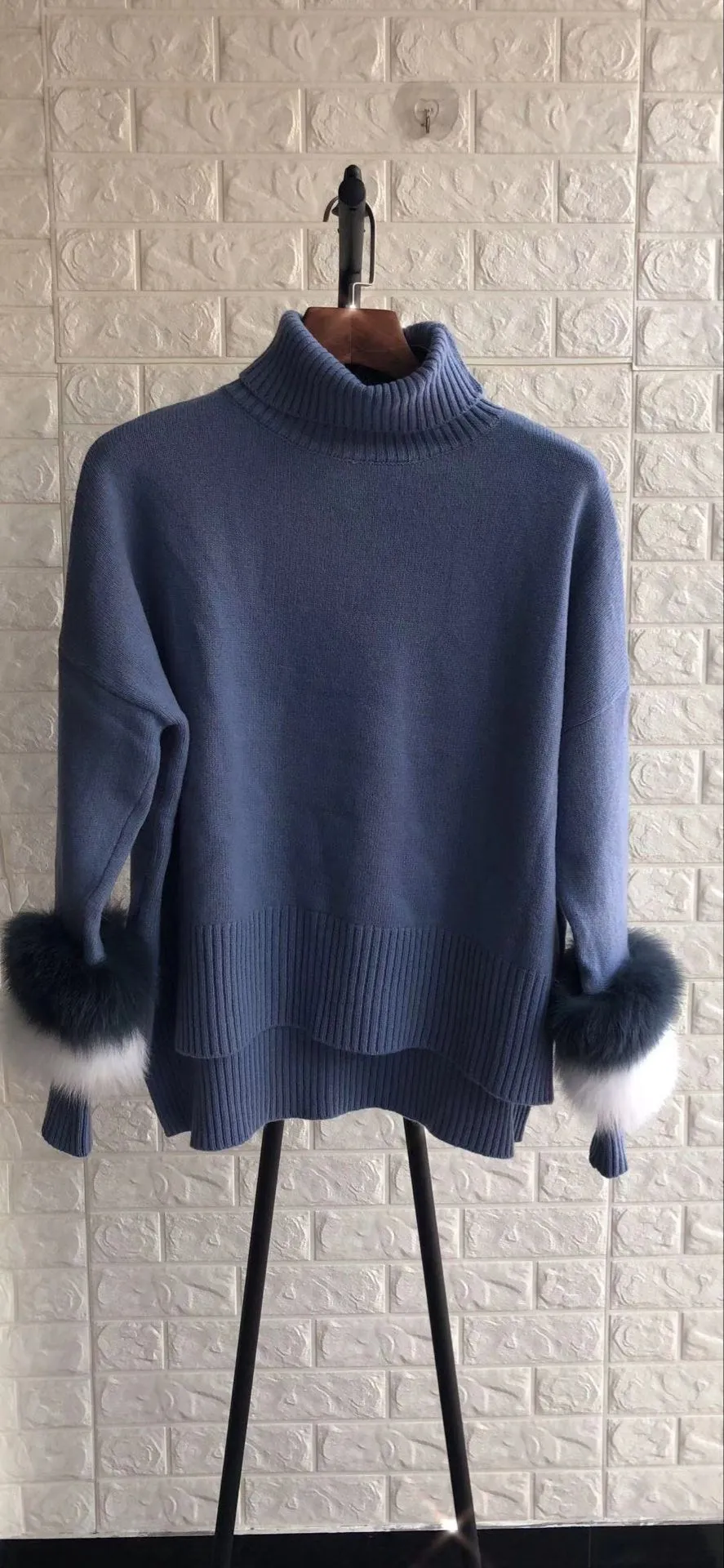 Pulls Élégant Chandail Fourrure bleu gris Pullover Couleurs Femelle Frappé Col Manteau Asymétrique Patchwork Beige Roulé Femmes Peluche pxUHqnIH
