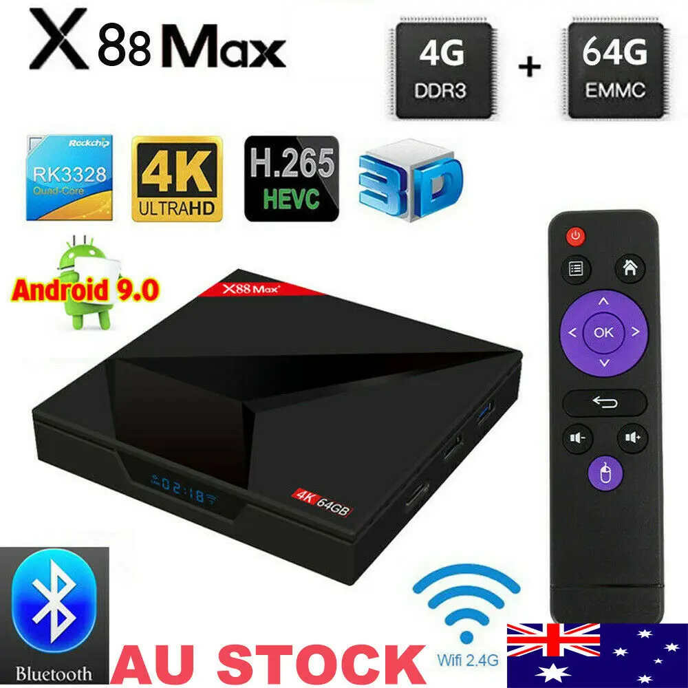 

X88 MAX+ TV Box Bluetooth 4.0 4K RK3328 4G 64G Android9.0 Quad Core Media HD Media Player