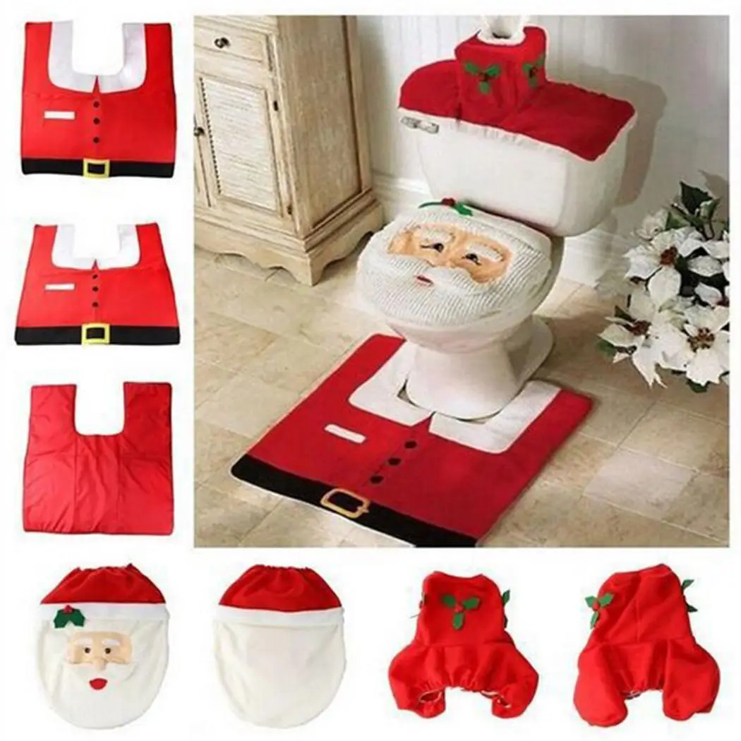 Santa Claus Toilet Cover Foot Pad Water Christmas, Party Tank Cover Paper Case Christmas Decorations Kit 4 pcs