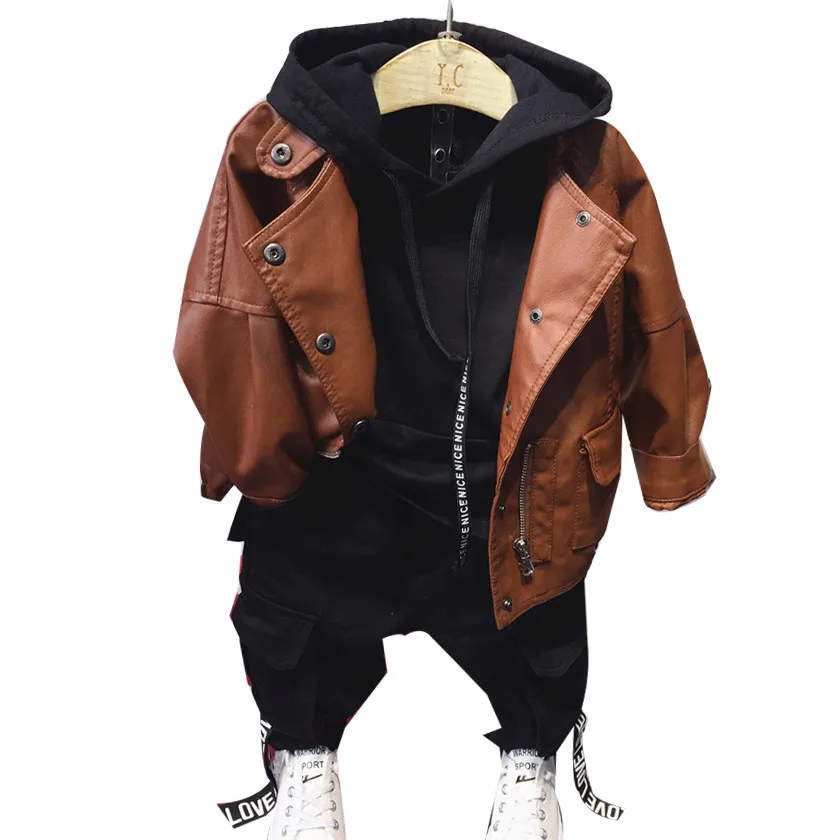 

2018 Autumn Fall Spring PU Brown Jacket Top+Black Pant Three Pieces Sets For Kids 2-7T Kids Boys Girls Clothes Sets 3PCS S88303A