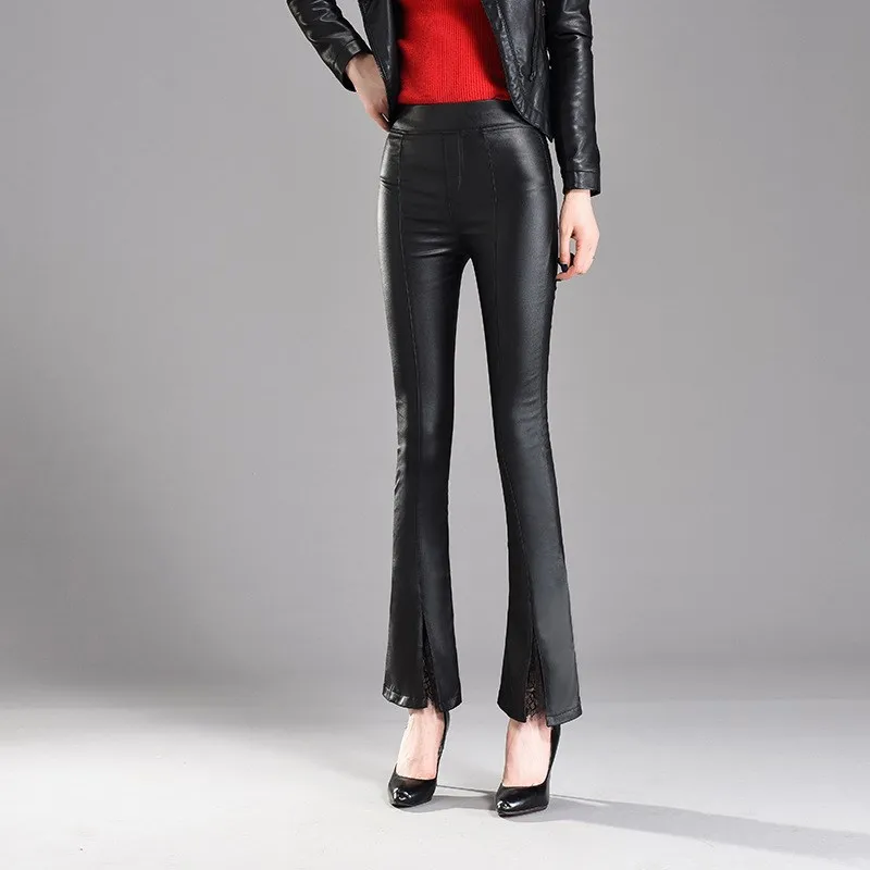 Autumn Winter Women Warm Velvet Pu Leather Mid Pants Elastic Stretch Sexy Lace Skinny Faux Leather Tight Flare Pants Autumn Winter Women Warm Velvet Pu Leather Mid Pants Elastic Stretch Sexy Lace Skinny Faux Leather Tight Flare Pants