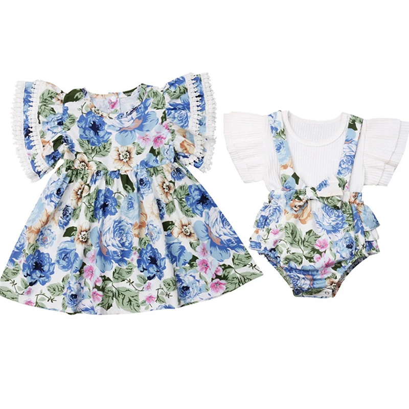 

Cute Christmas Match Sister Clothes Floral Clothing Kids Girls Dress Baby Girl Clothing Set Romper Bib Pants Baby Sister Clothes