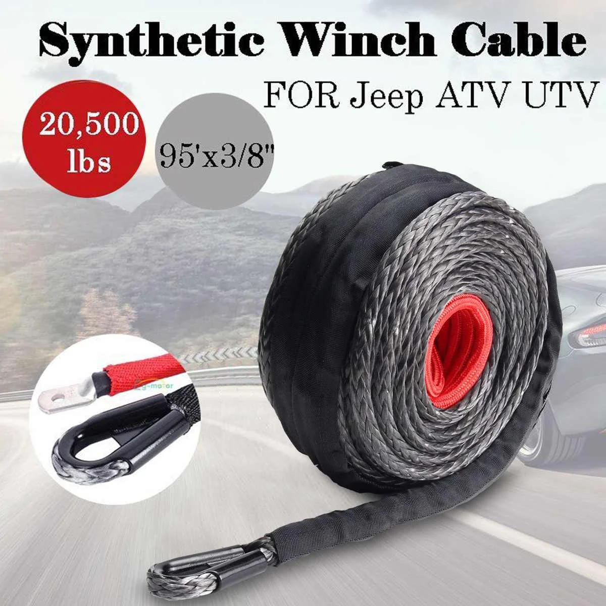 

9.5mm x 28m 20500LBS 2/5" x 100ft Synthetic Winch Rope Line Grey Recovery Cable 4WD ATV Heavy Duty