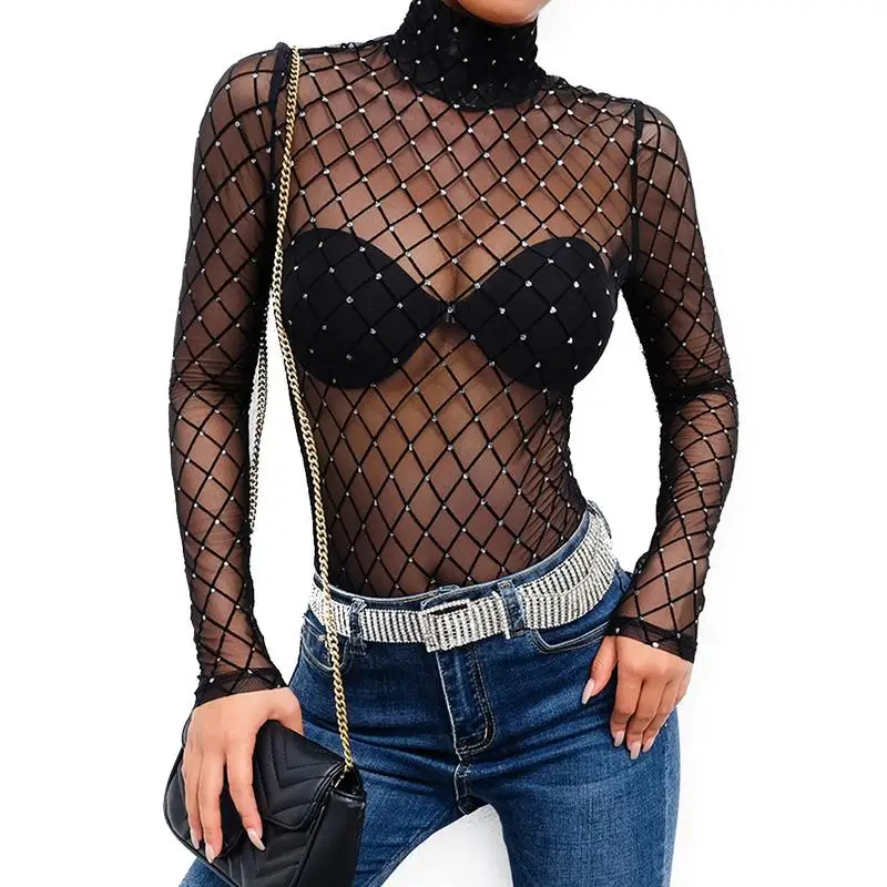 Perspective Mesh Jumpsuit Ladies Hot Stamping Gold Long Sleeve High Collar Perspective Mesh Soft Black Bodysuits For Women New Perspective Mesh Jumpsuit Ladies Hot Stamping Gold Long Sleeve High Collar Perspective Mesh Soft Black Bodysuits For Women New