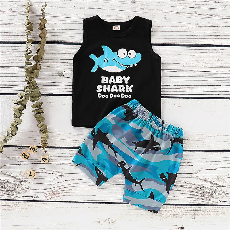 Baby Boy Cartoon Shark Letter Print Vest Top + Shorts Set Boutique Children's Clothing Cotton O-Neck Summer New Fashion 2 Sets
