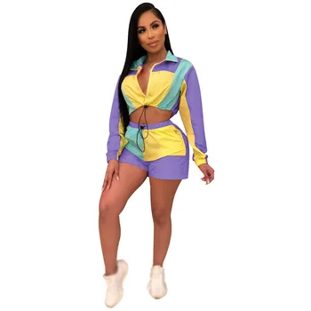 

Summer Women Crop Top Two Piece Set Zipper Patchwork Sexy Club Sets Turn-Down Collar Long Sleeve Shorts Set