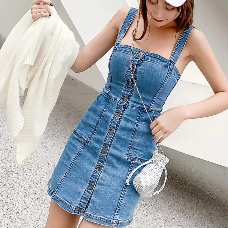 Women Straps High Waist Denim Dress 2019 Summer Solid Single Breasted Mini Jeans Dress Casual Pockets A-Line Dress