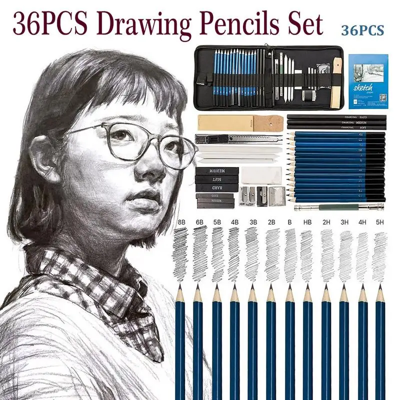 

36PCS Drawing Pencils Set For Student Artists Sketching PencilsArt Drawing Tool School Painting Stationery With Sketch Paper Zip