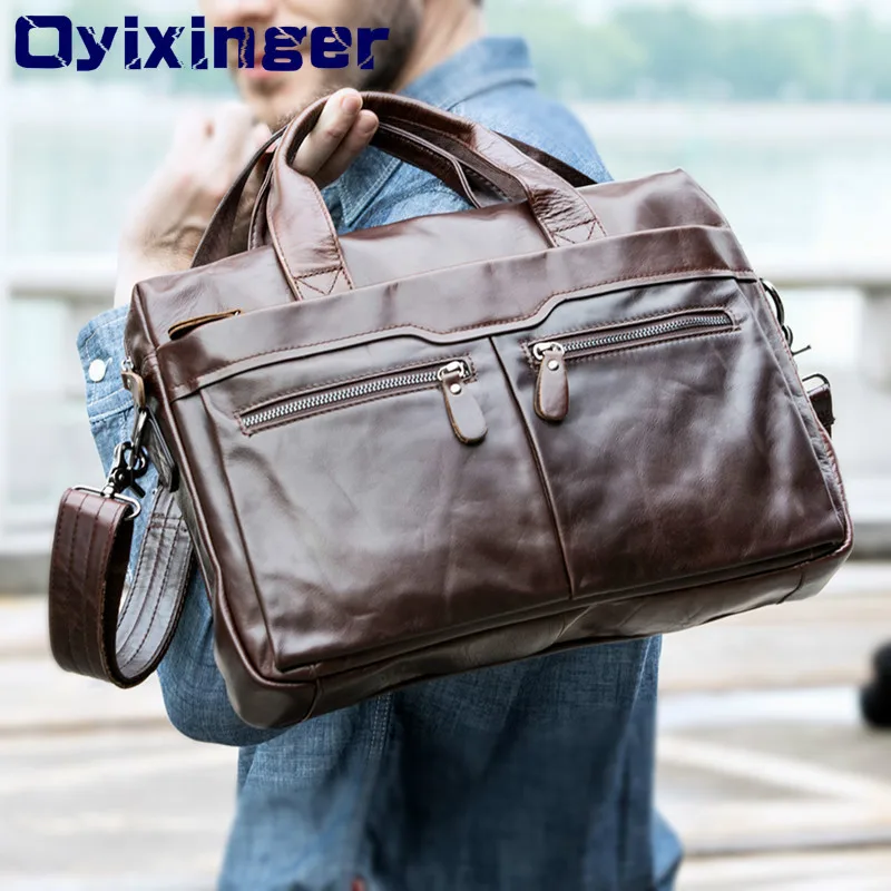 New  Men Leather Laptop Bag For Lenovo Dell Male Genuine Leather Shoulder Crossbody Bags Briefcase Tote 